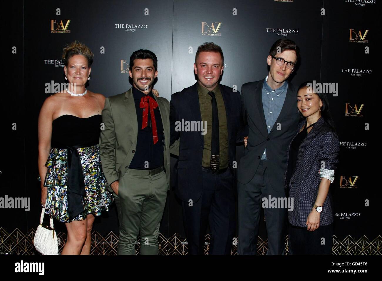 Las Vegas, NV, USA. 12th July, 2016. Siobhan O'Neil (Producer), Steve Mazurek (Costume designer), Shane Scheel (co-creator/producer), Anderson Davis (co-creator/producer) and Sumie Maeda (Associate director) at arrivals for BAZ - Star Crossed Love Opening Celebration, The Palazzo Theatre, Las Vegas, NV July 12, 2016. Credit:  James Atoa/Everett Collection/Alamy Live News Stock Photo