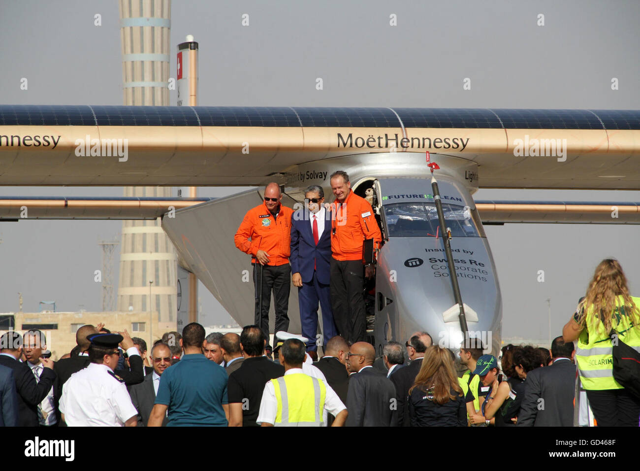 Cairo, Egypt. 13th July, 2016. Solar Impulse 2, the solar powered plane, lands at Cairo International Airport on July 13, 2016, for the penultimate stage of its world tour. The experimental plane had completed the first solo transatlantic flight powered only by sunlight to land in Spain last month, and will continue from Cairo to Abu Dhabi, where it began its marathon journey in March last year Credit:  Stringer/APA Images/ZUMA Wire/Alamy Live News Stock Photo