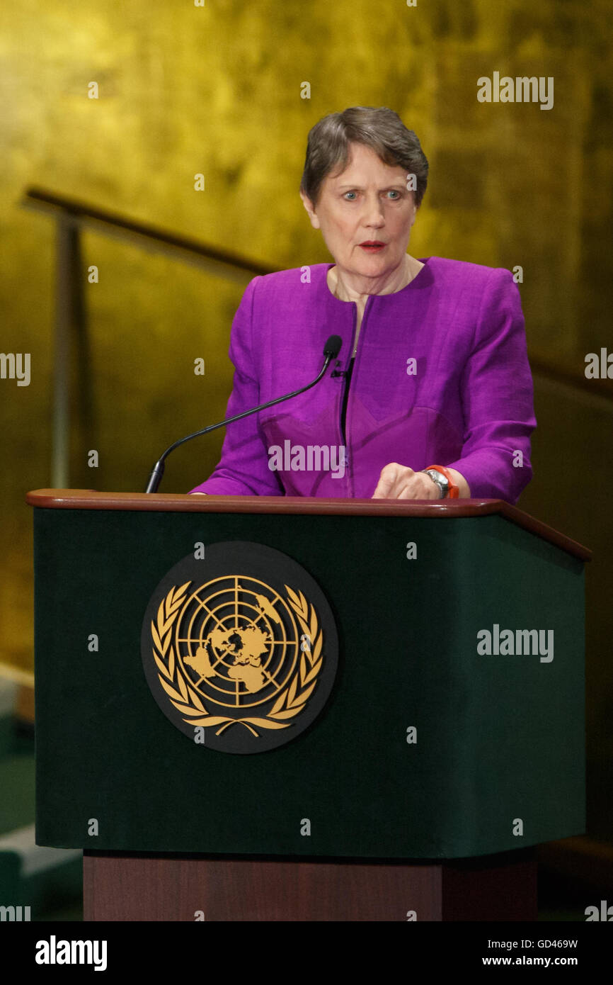 United Nations, USA. 12th July, 2016. UN secretary-general candidate Helen Clark of New Zealand attends the 'globally televised' debate at the UN headquarters in New York, the United States, July 12, 2016. The first-ever 'globally televised' debate for the UN chief election was held on Tuesday among 10 of the 12 candidates. They took questions from diplomats and the public at large. Credit:  Li Muzi/Xinhua/Alamy Live News Stock Photo