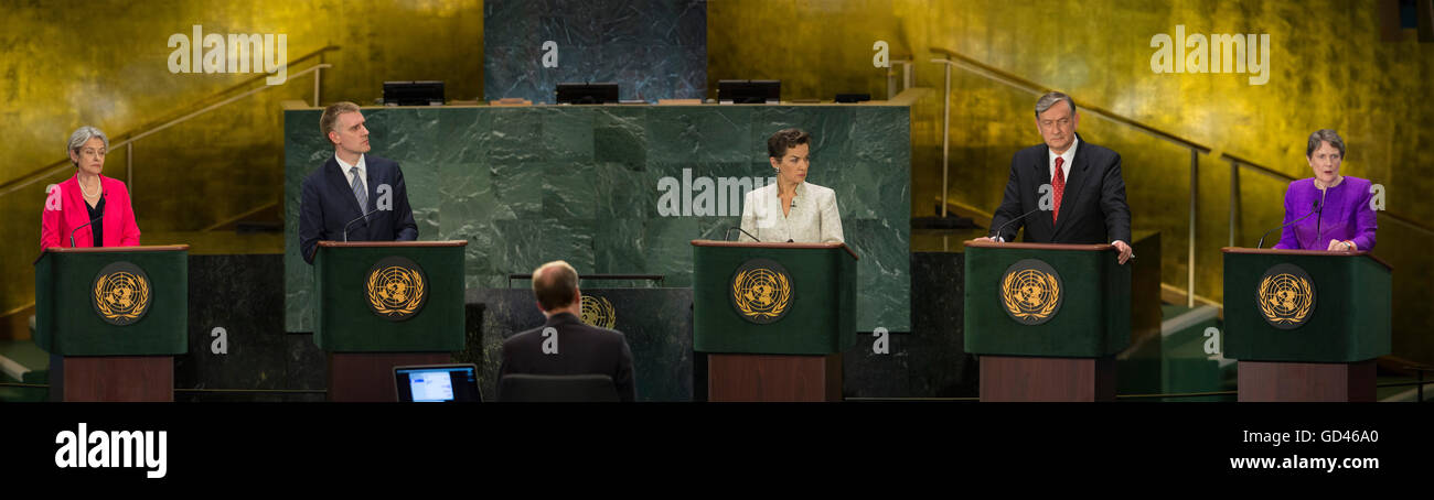 United Nations, USA. 12th July, 2016. UN secretary-general candidates Irina Bokova of Bulgaria, Igor Luksic of Montenegro, Christiana Figueres of Costa Rica, Danilo Turk of Slovenia, and Helen Clark of New Zealand (L-R) attend the 'globally televised' debate at the UN headquarters in New York, the United States, July 12, 2016. The first-ever 'globally televised' debate for the UN chief election was held on Tuesday among 10 of the 12 candidates. They took questions from diplomats and the public at large. Credit:  Li Muzi/Xinhua/Alamy Live News Stock Photo