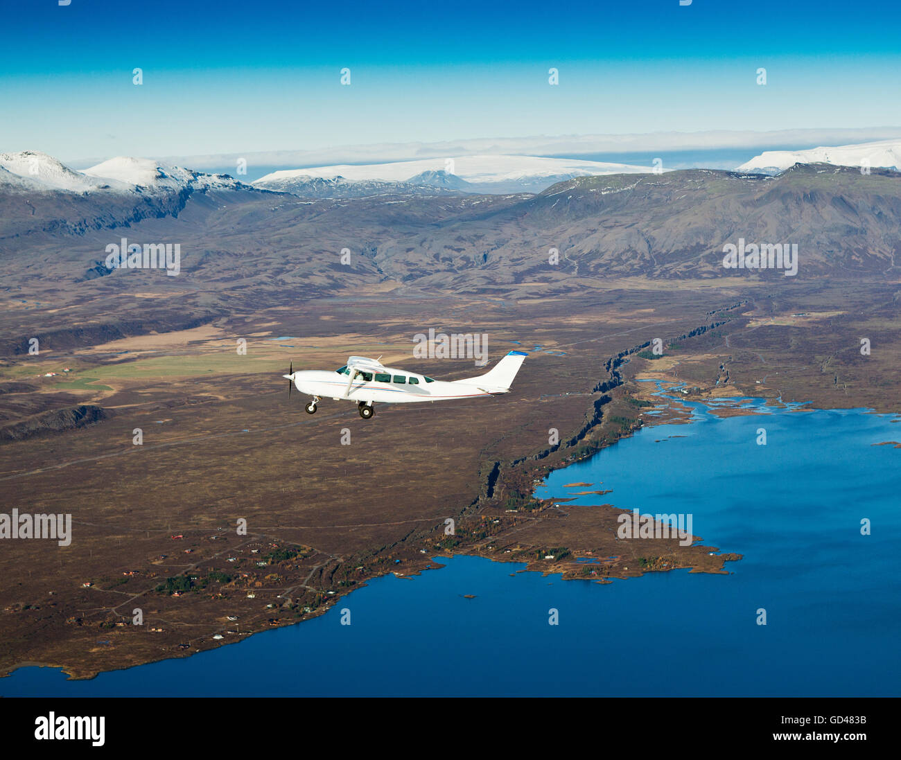 Cessna flying over South Coast, Iceland Stock Photo