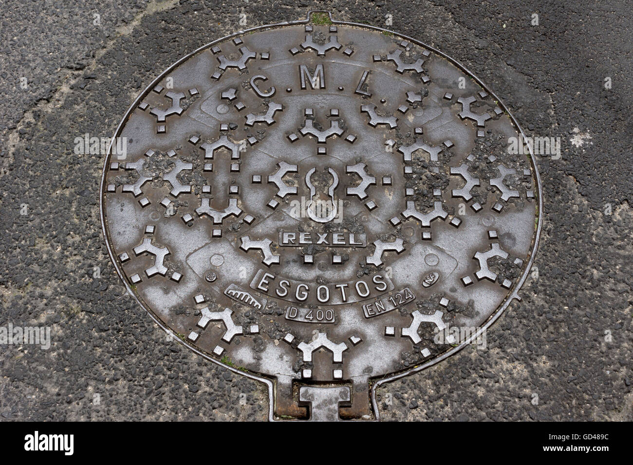 Manhole cover, Lisbon, Portugal Stock Photo
