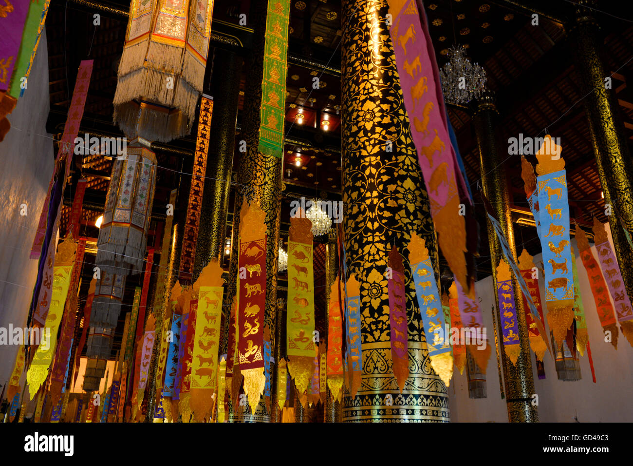 Prayer flags inside Wat Chedi Luang, Chiang Mai, Thailand Stock Photo