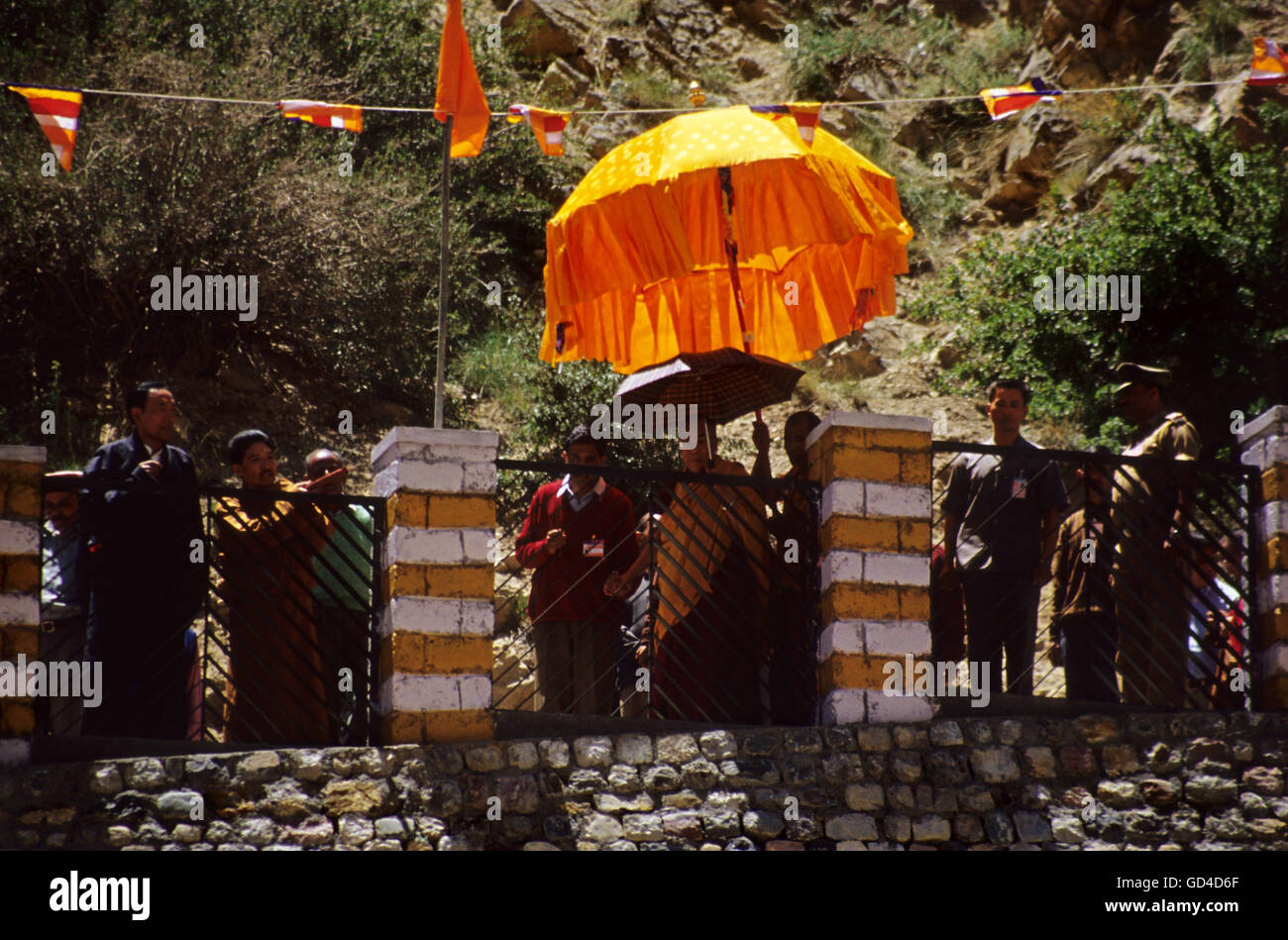 Dalai Lama walking down to the Ki Gompa (monastery) Stock Photo
