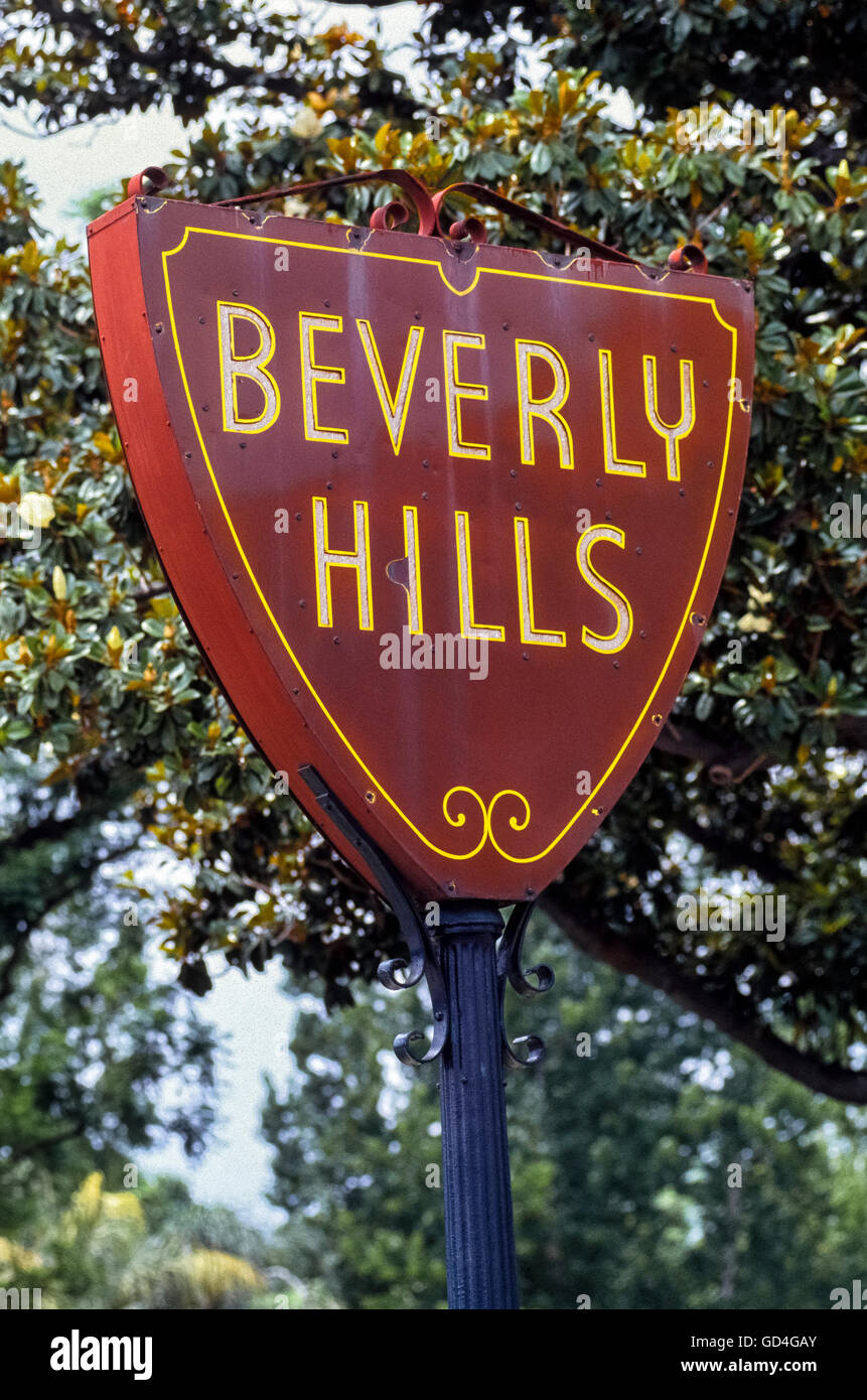 Entry into the famous California city of Beverly Hills is marked by this original porcelainized-metal city limits sign that features the official seal of Beverly Hills. Located in Los Angeles County, the wealthy community has long been home to many television and movie stars and other celebrities. Stock Photo