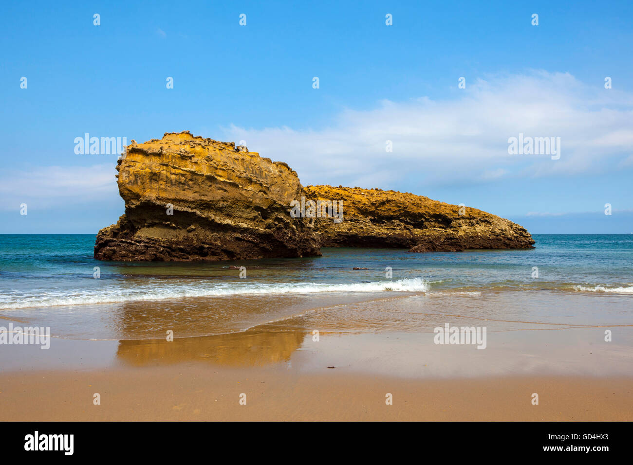 Large rock on the Grand Plage, Biarritz, Pays Basque, France Stock Photo