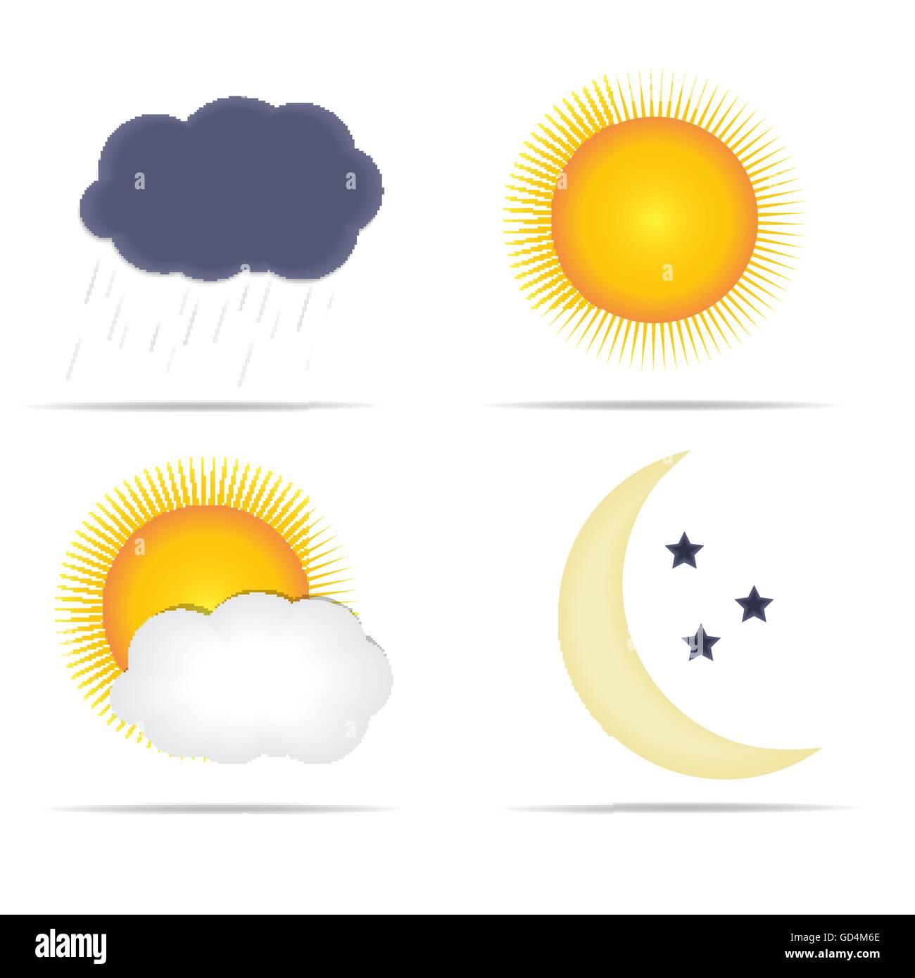 Weather Icons with Sun, Cloud, Rain and Moon Vector Illustration Stock Vector