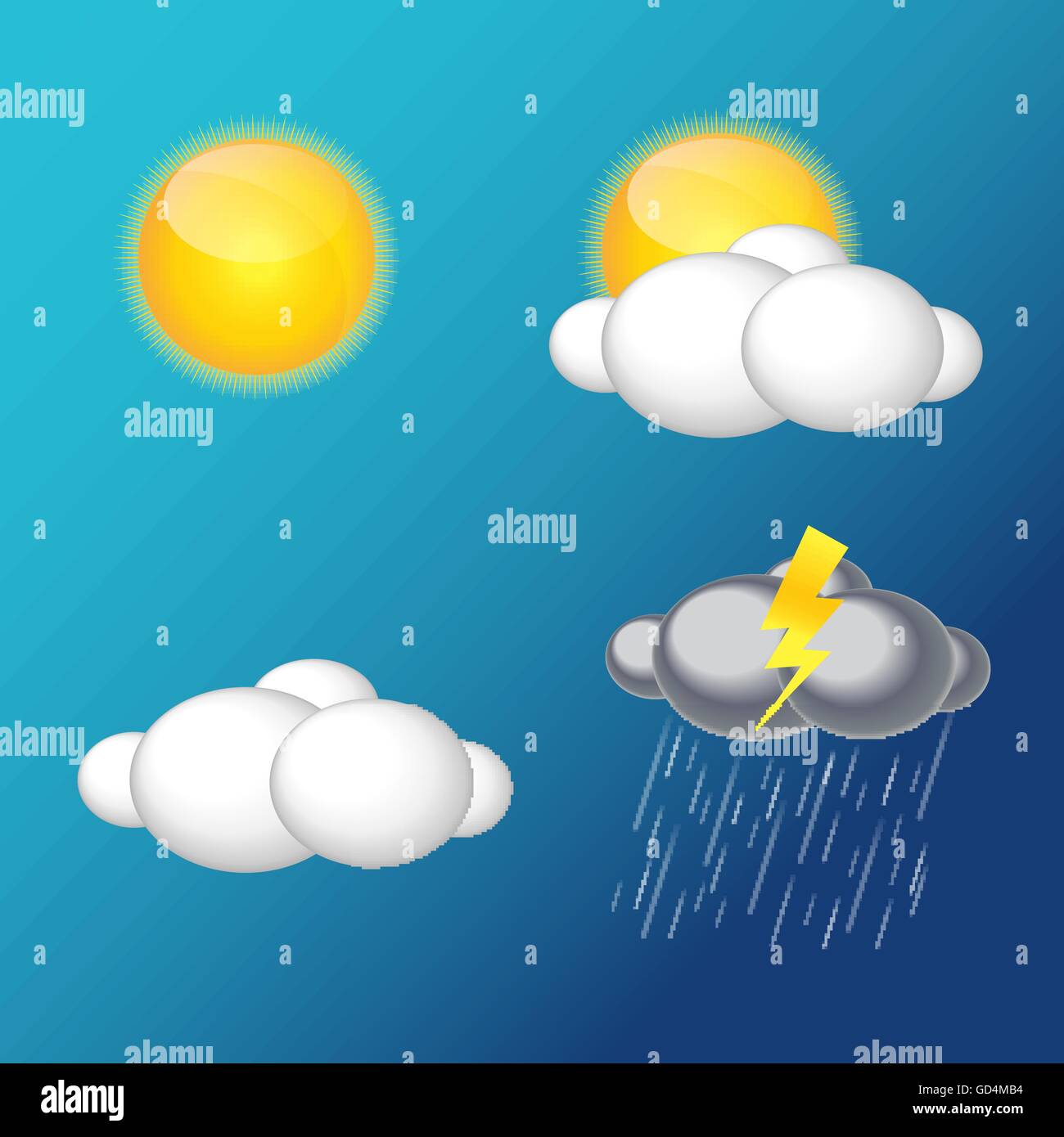 Weather Icons with Sun, Cloud, Rain Vector Illustration Stock Vector