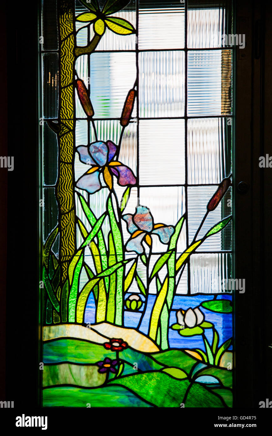 fine arts, glass, houses in the Art Nouveau quarter, Strelnieku iela, glass window in the Art Nouveau museum, Riga, Latvia, Artist's Copyright has not to be cleared Stock Photo