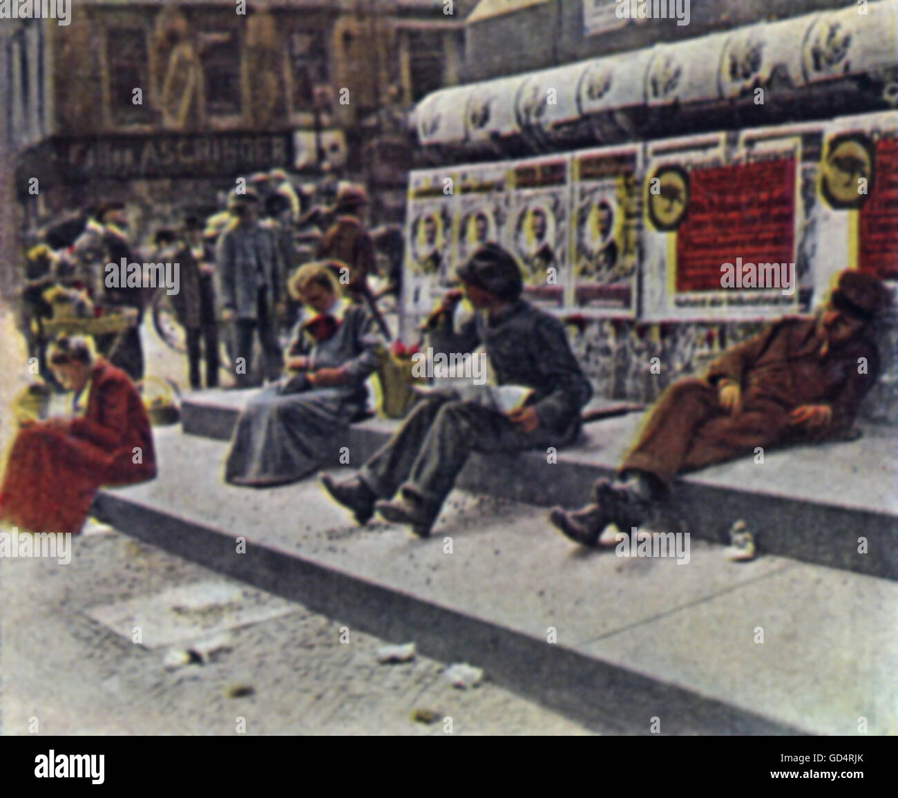 Demobilization 1918 - 1923, unemployment, unemployed at Alexanderplatz, Berlin, July 1921, coloured photograph, cigarette card, series 'Die Nachkriegszeit', 1935, Additional-Rights-Clearences-Not Available Stock Photo