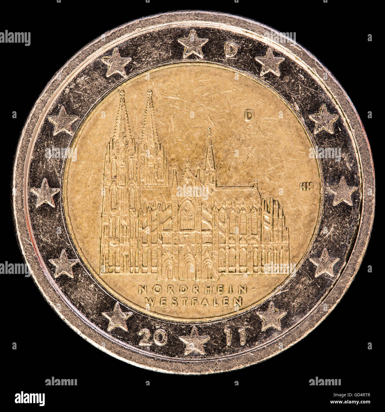 A commemorative circulated two euro coin issued by Germany in 2011 depicting the Cologne Cathedral located in the federal state Stock Photo