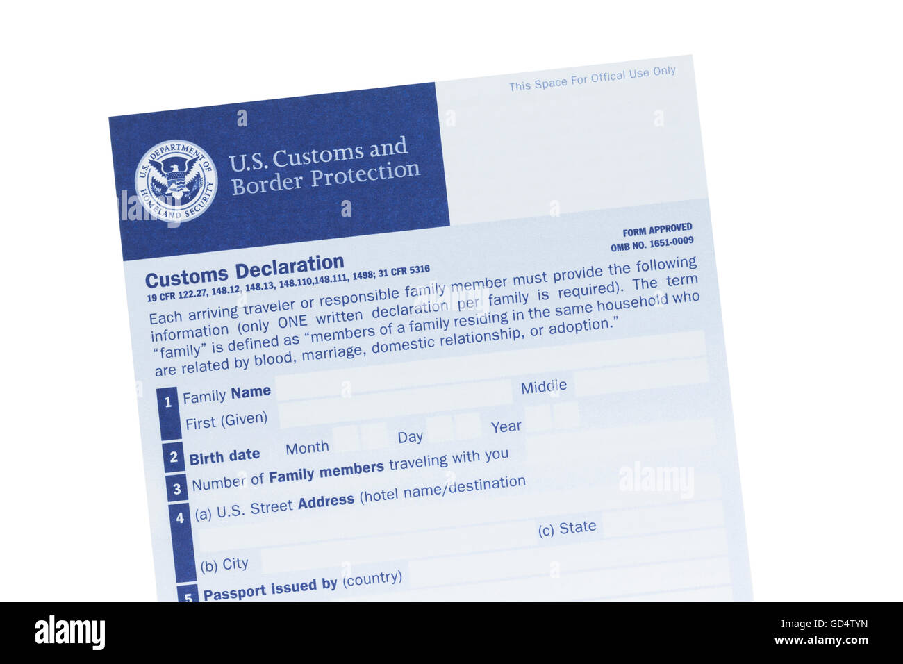 US customs declaration form Stock Photo