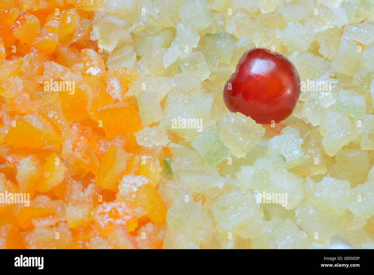 Kandierte Fruechte, Orangeat, Zitronat, Fruechtewuerfel und kandierte Kirsche Stock Photo
