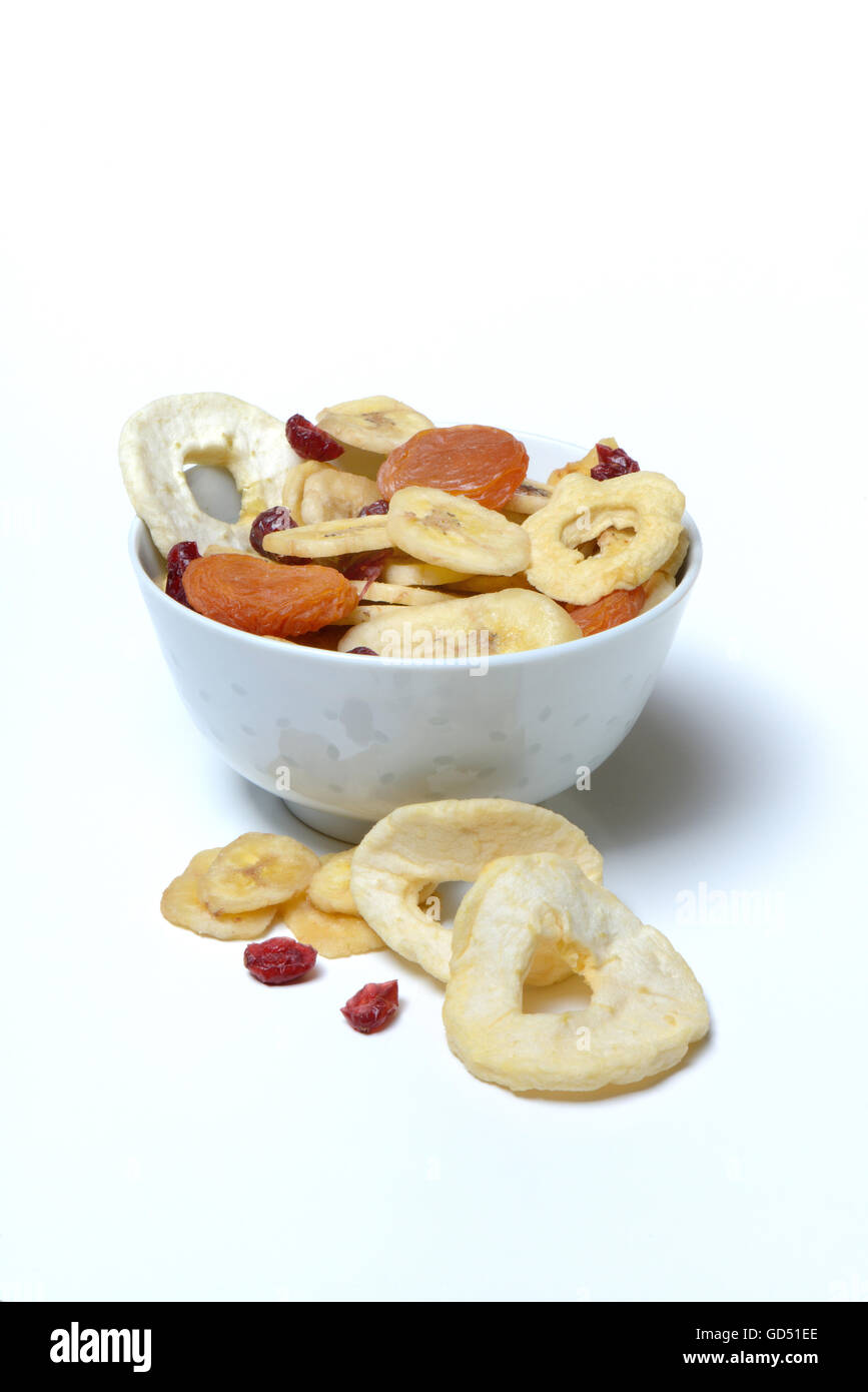 Schale mit Trockenobst, Apfelring, Apfelringe, Bananenscheiben, Cranberries, Bananenchips Stock Photo