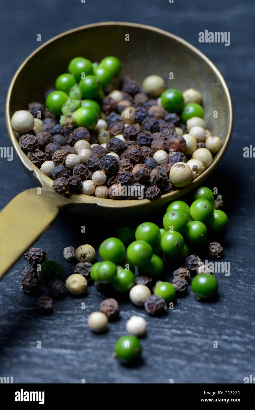 Green, black and white pepper, pepper corn, pepper corns Stock Photo