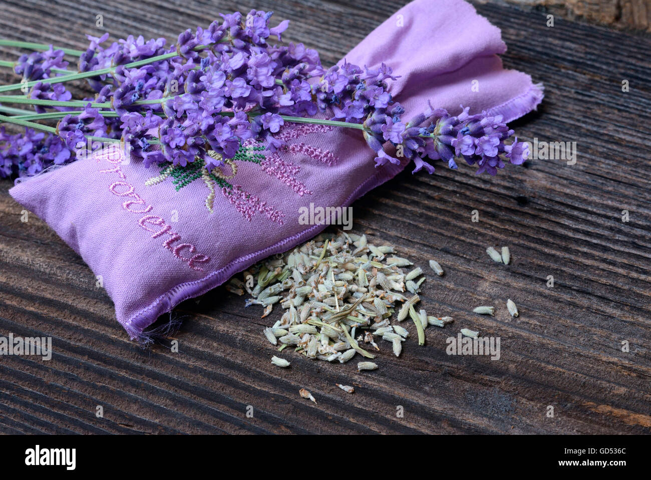 Bag with dried Lavender, Lavandula angustifolia Stock Photo