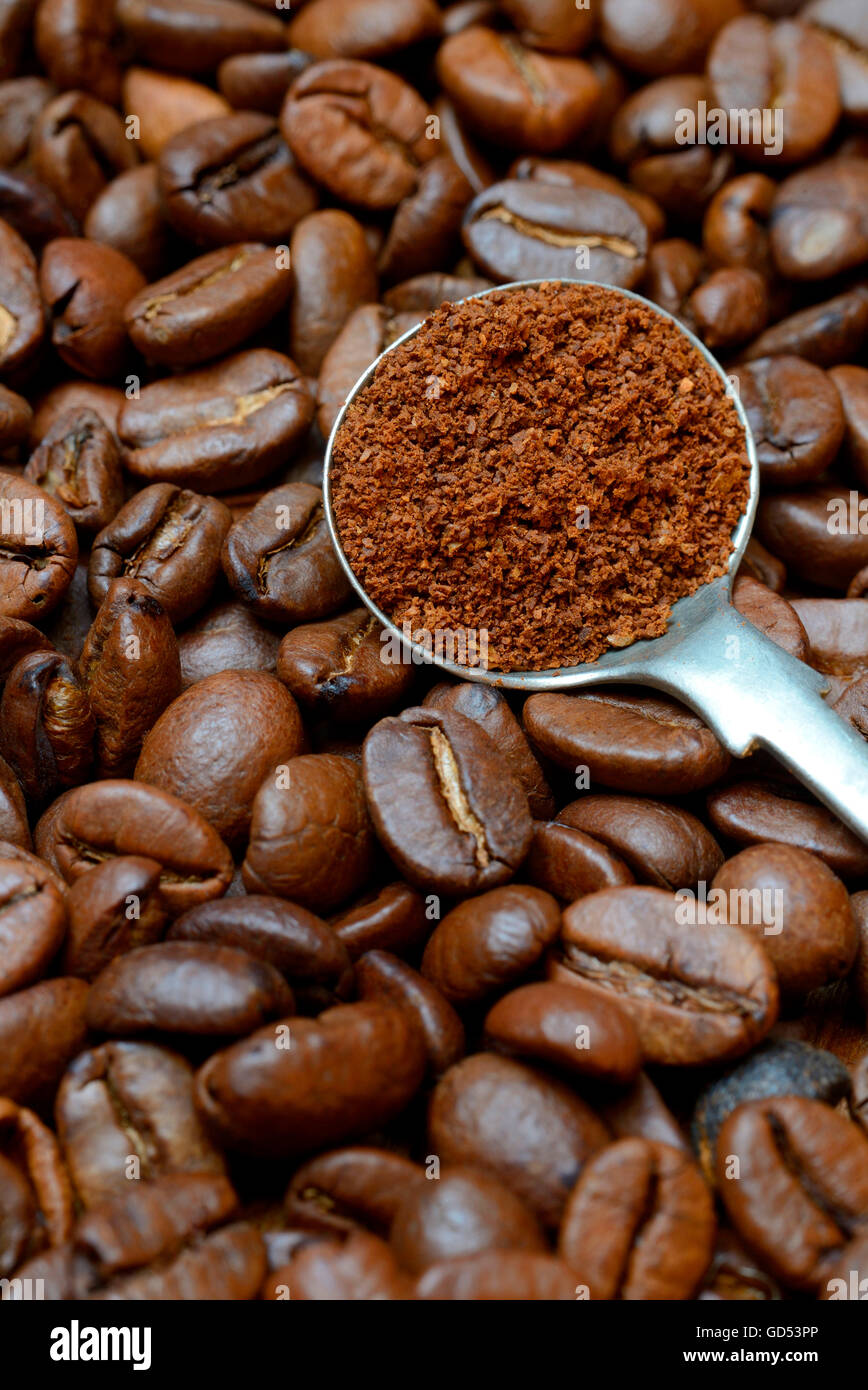 ground coffee in ladle Stock Photo