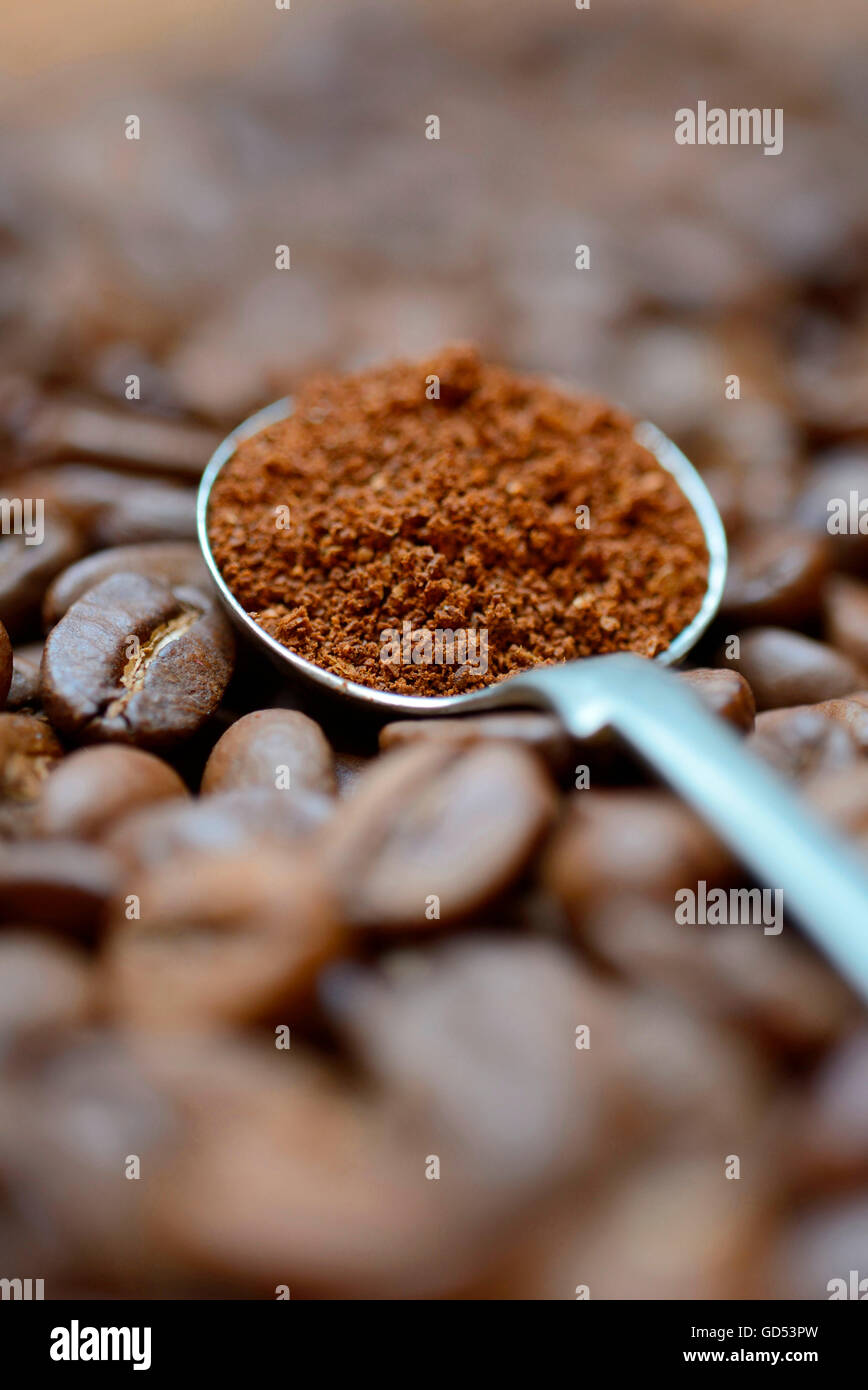 ground coffee in ladle Stock Photo