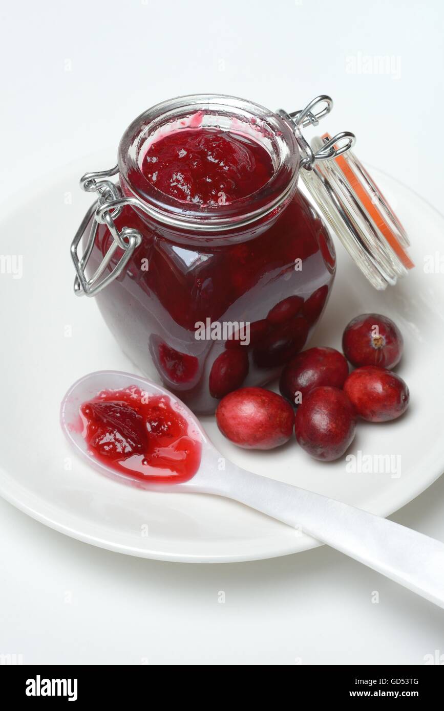 Cranberrry-Marmelade in Glas und Loeffel / (Vaccinium macrocarpon) Stock Photo