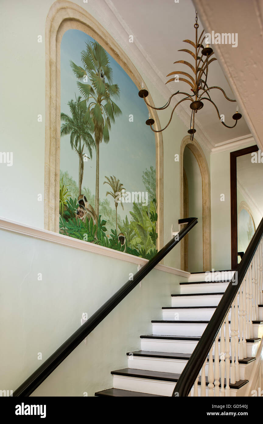 Wall fresco in staircase of Leamington House colonial villa, Barbados Stock Photo