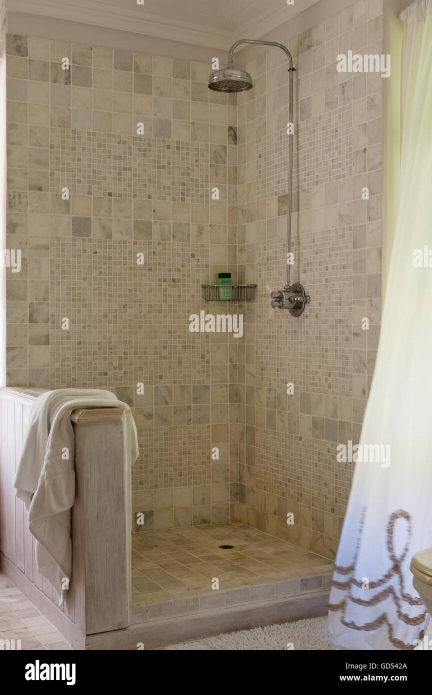 Walk-in tiled shower in Leamington House villa, Barbados Stock Photo