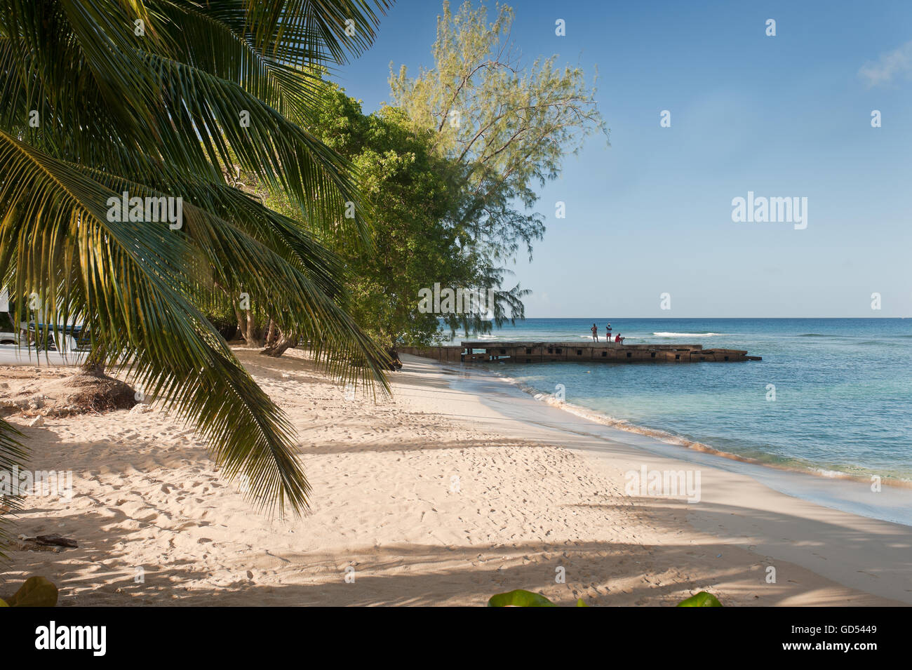 Three men on jetty at beach in Barbados, West Indies Stock Photo