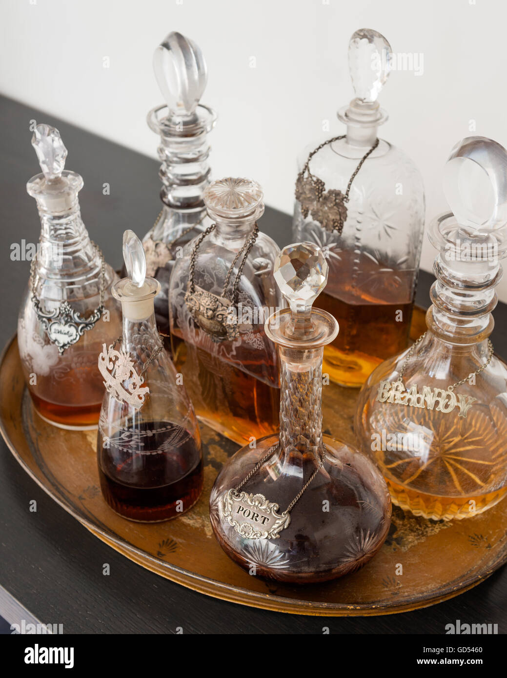 Antique decanters on drinks tray Stock Photo