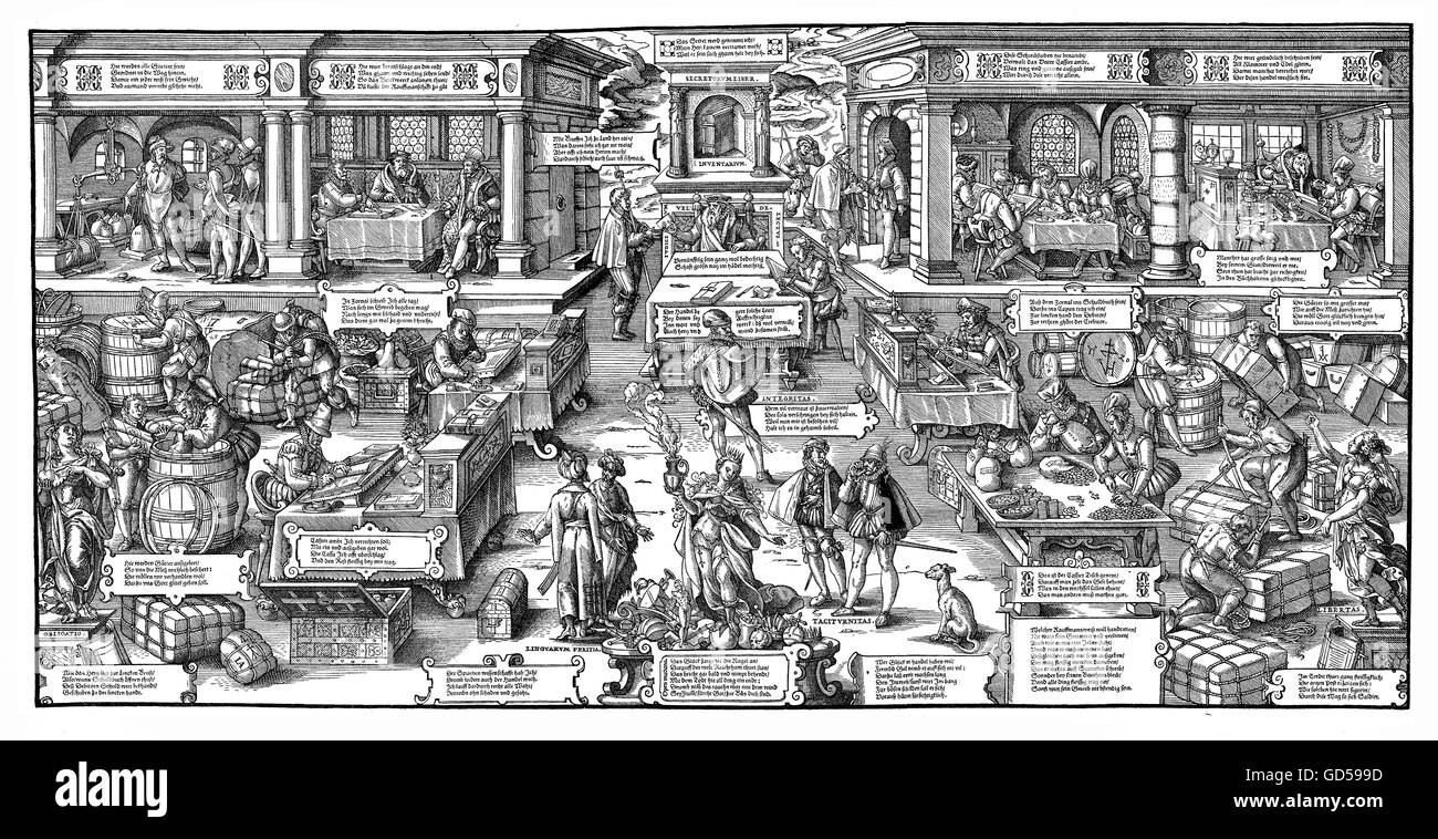 XVI century, Allegory of Trade, engraving by Jost Amman (1539-1591): book keeping, weighing and storing goods while merchants seat in the background
