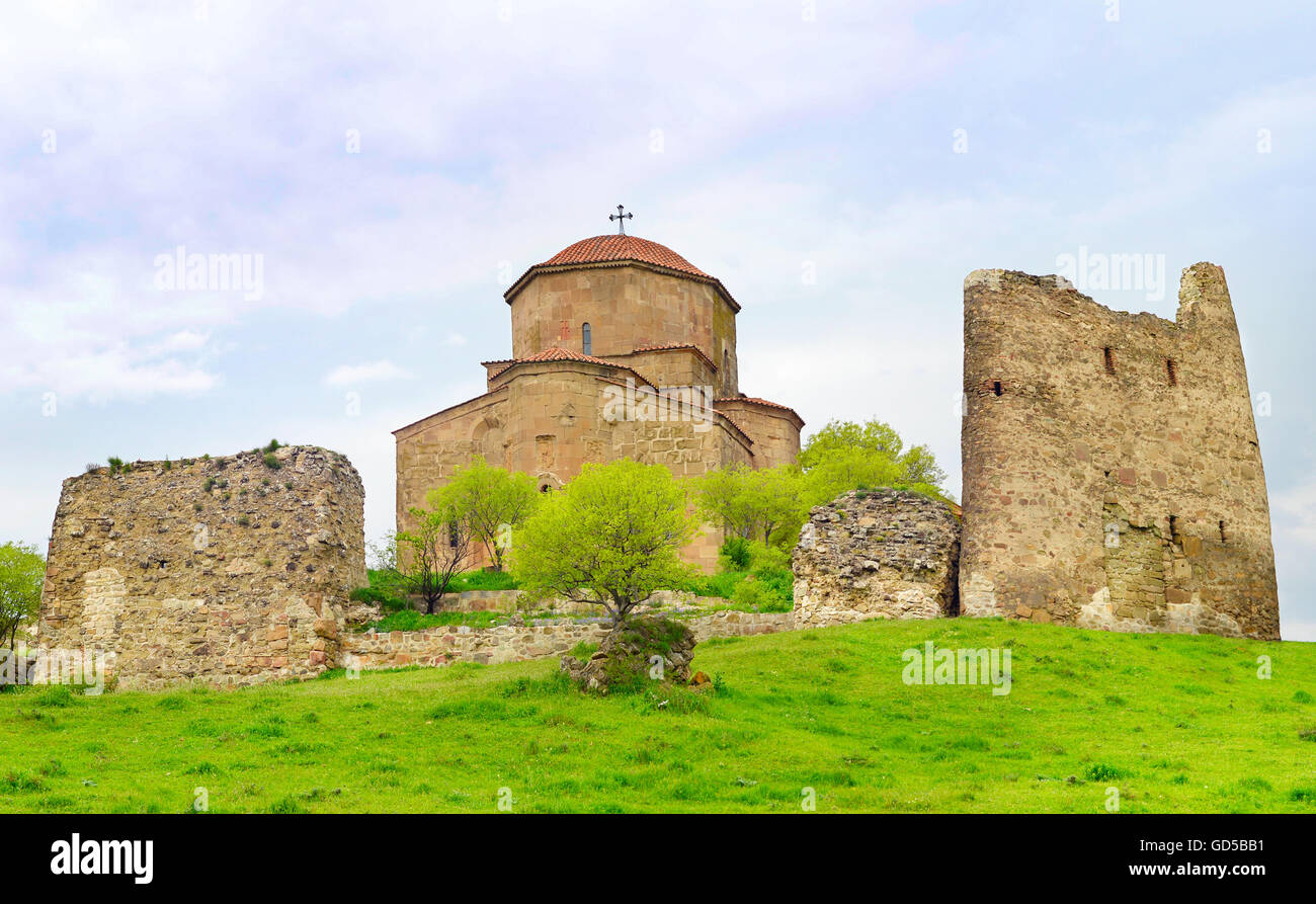 Panoramic view of Jvari Monastery is a sixth century Georgian Orthodox monastery near Mtskheta, Georgia. Stock Photo