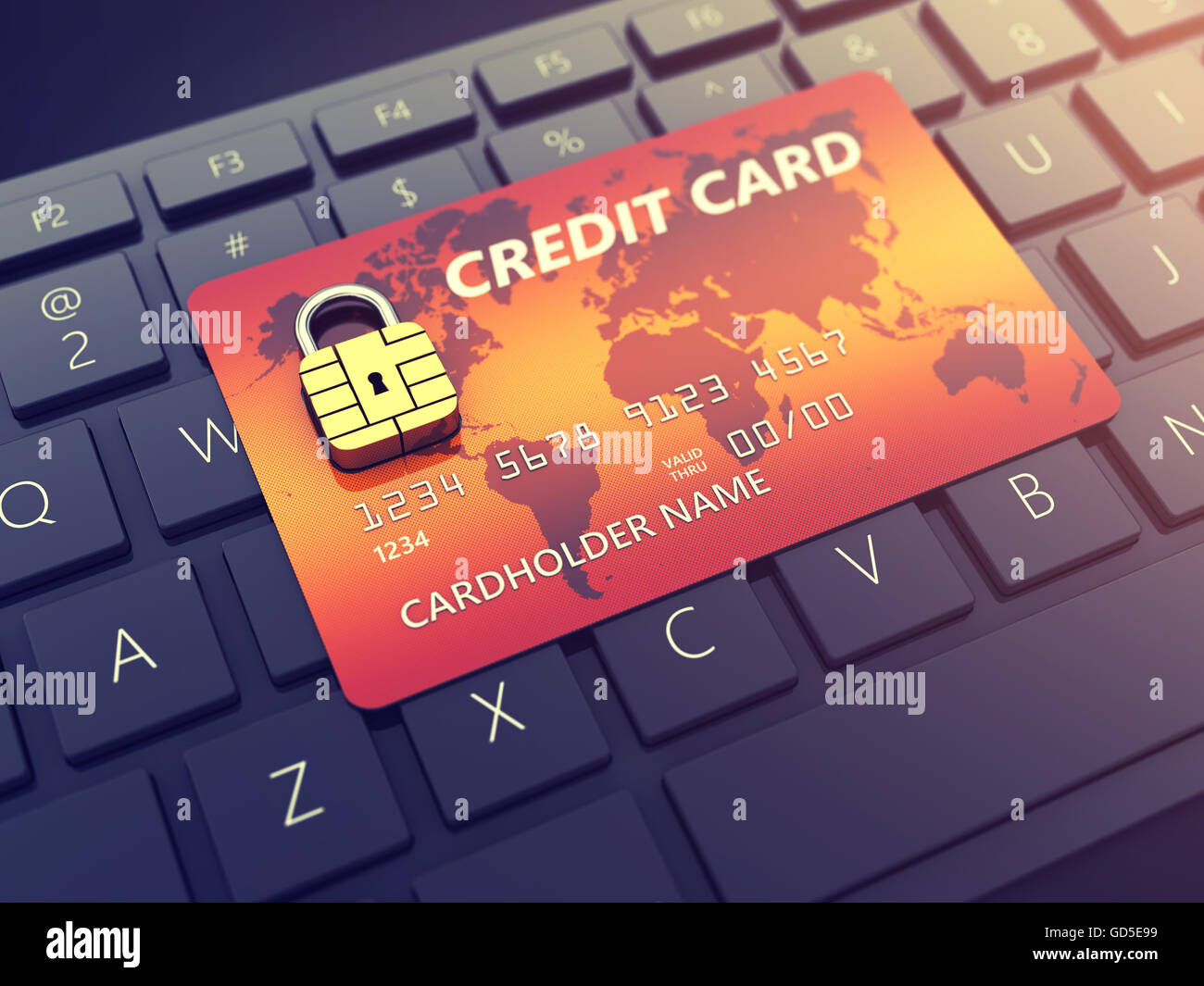 Credit card with security chip as padlock on a computer keyboard