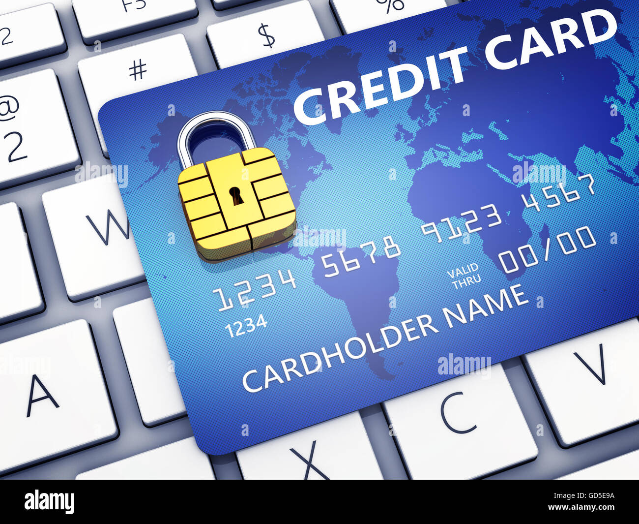 Credit card with security chip as padlock on a computer keyboard