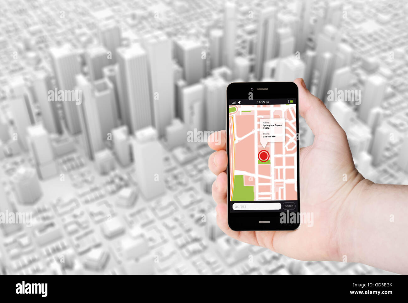 Hand hold a smartphone with GPS map on a screen on the background of a ...