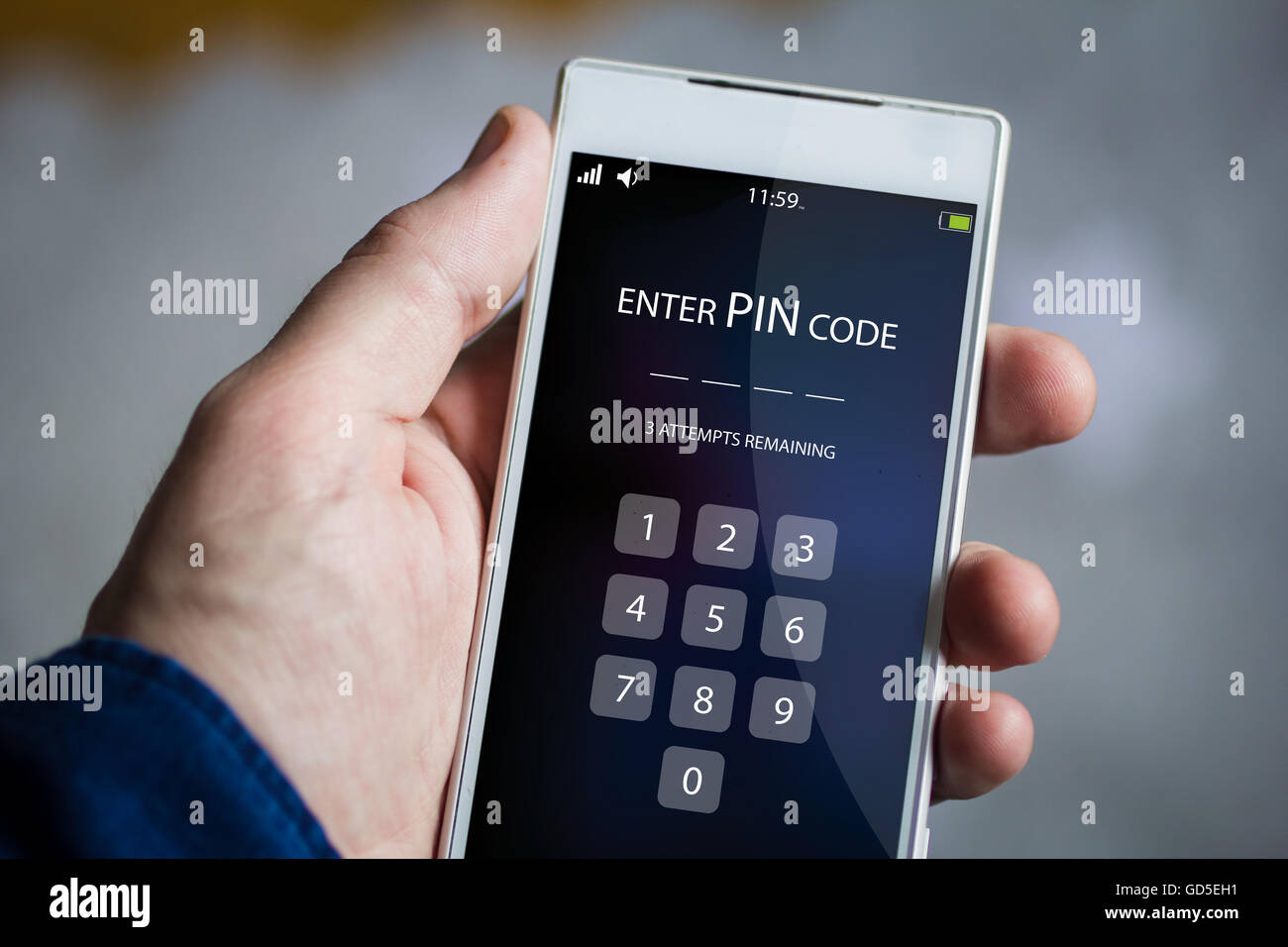 man hand holding pin code smartphone. All screen graphics are made up ...