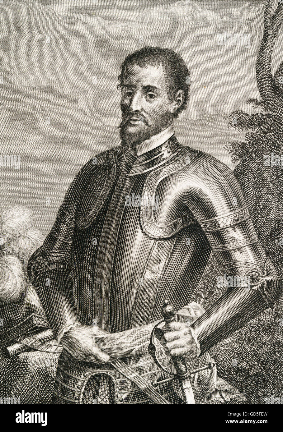 Hernando de Soto (c. 1500-1542), a Spanish explorer and conquistador who led the first European expedition into what is now the United States. Portrait by Jose Maea, 1791. Stock Photo