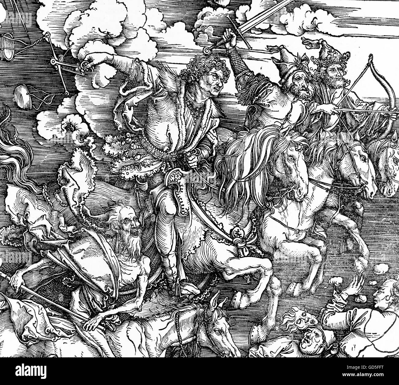 Four Horsemen of the Apocalypse by Albrecht Dürer, 1511, woodcut print. This is a detail from a larger print, GD5FG9
