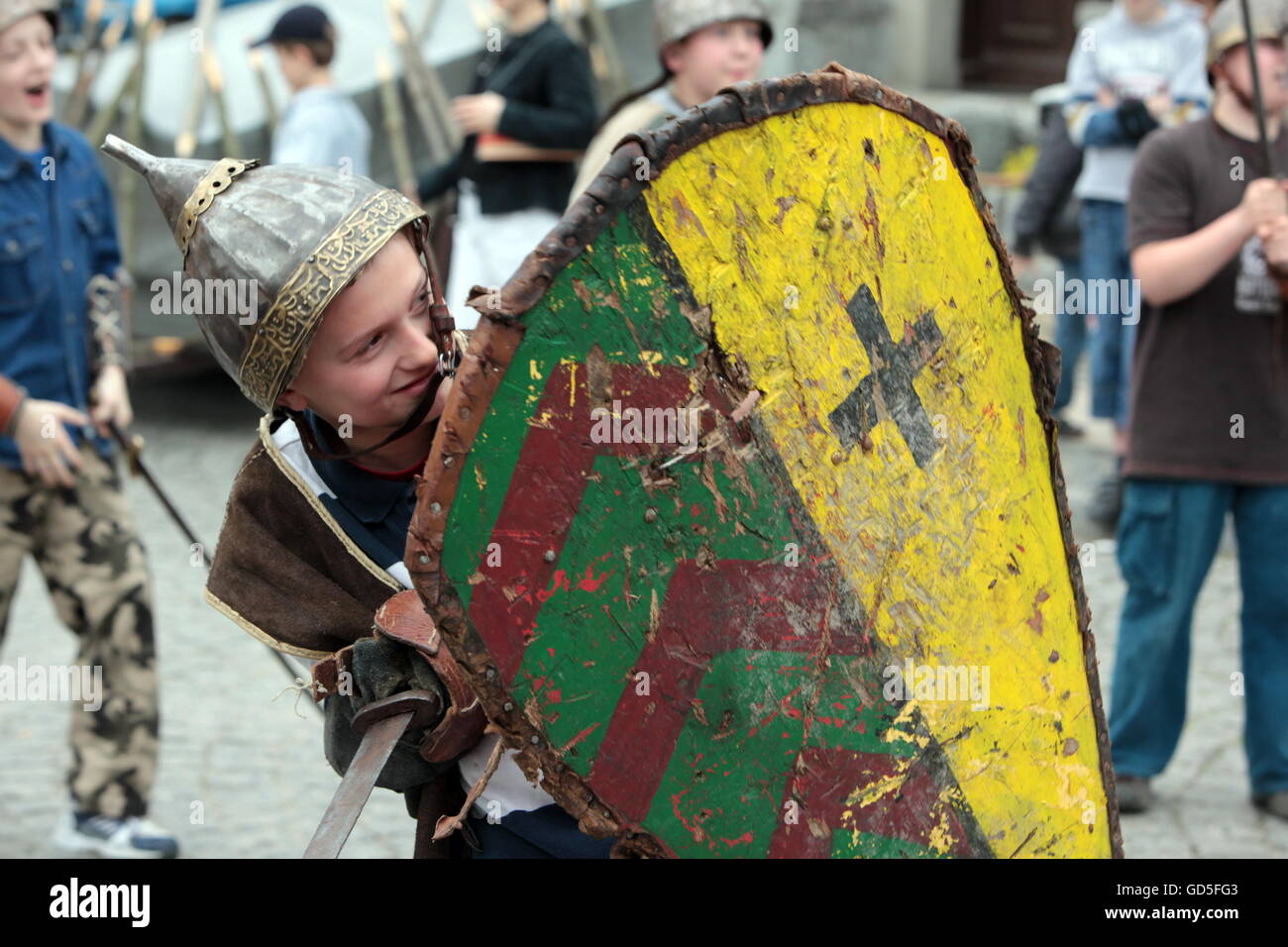 people at a family fair in the old town of Poznan in Poland in east Europe. Stock Photo