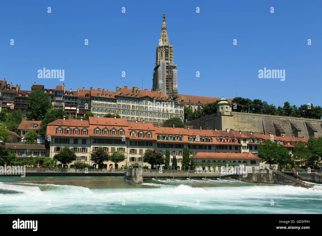 A photograph of the Old City in Bern, Switzerland, with the River Aare ...