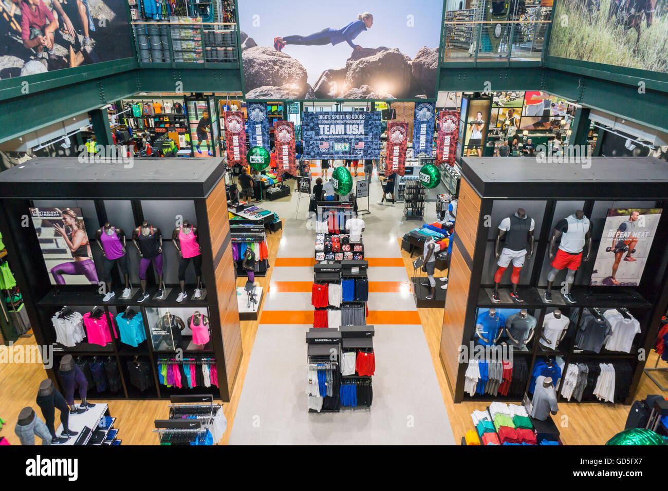 The new Dick's Sporting Goods store in Valley Stream, Long Island, New York holds its grand opening sales on Saturday, July 9, 2016. Dick's recently purchased the intellectual property of its bankrupt competitor Sports Authority with a $15 million bid pending the courts' final approval on July 15.   (© Richard B. Levine) Stock Photo