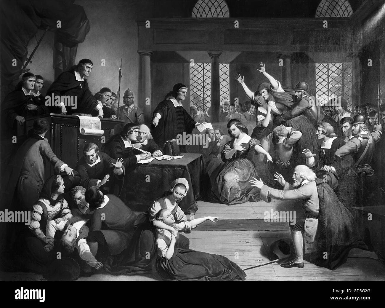 Salem Witch Trials. 'The Trial of George Jacobs of Salem for Witchcraft' by Thompkins H. Matteson, 1855. Stock Photo