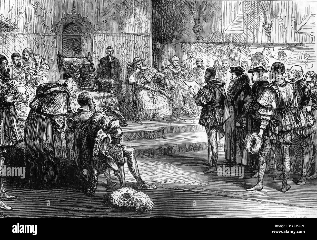 DIET OF SPEYERS 1529 The Elector of Saxony reading the protest to Charles's regent Ferdinand while the Emperor's chair remains empty. A steel engraving about 1850 Stock Photo