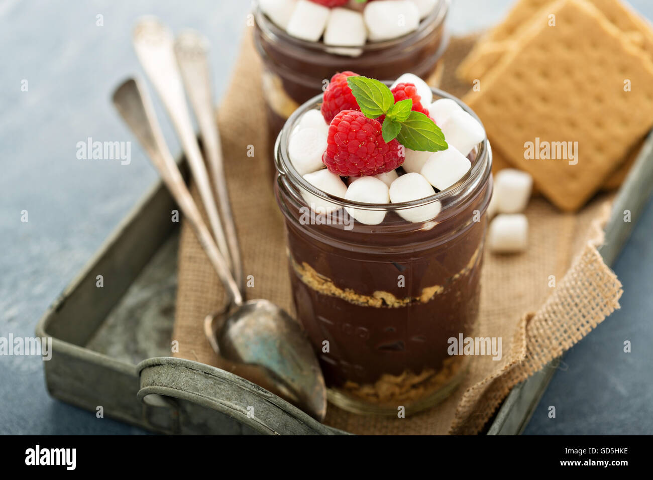Smores chocolate pudding in a jar Stock Photo Alamy
