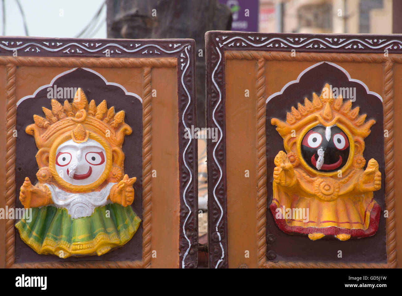 Painted embossed figure of lord jagannath and balabhadra, puri, orissa