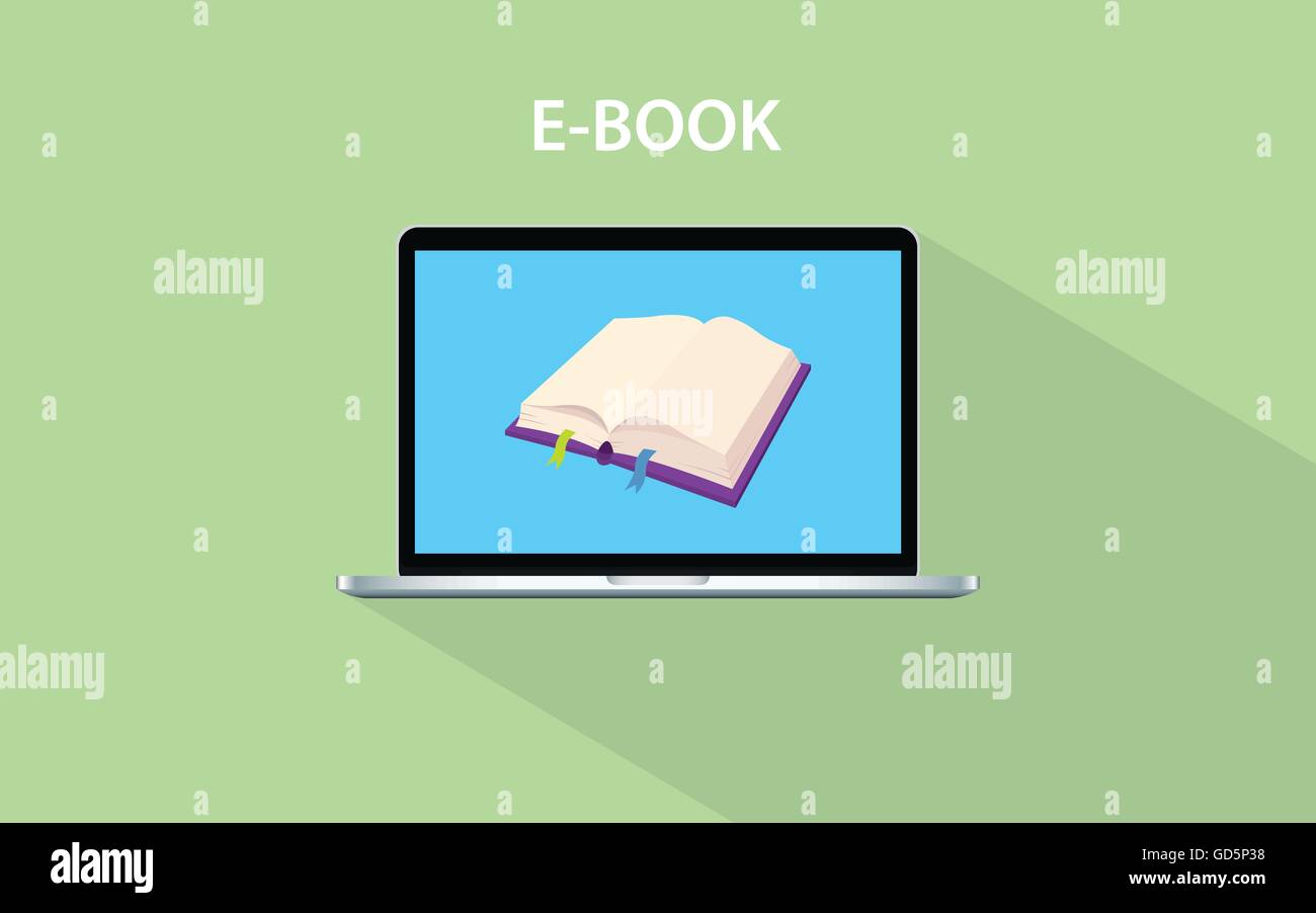 e-book concept with open book and laptop screen vector graphic Stock ...