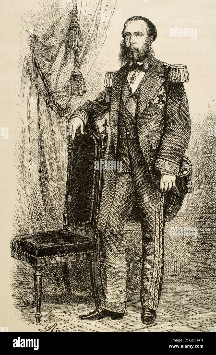 Maximilian I (1832-1867). Emperor of Mexico. Second Mexican Empire. House Habsburg-Lorraine by birth and Iturbide by adoption. Portrait. Engraving in 'Historia Universal', 1885. Stock Photo