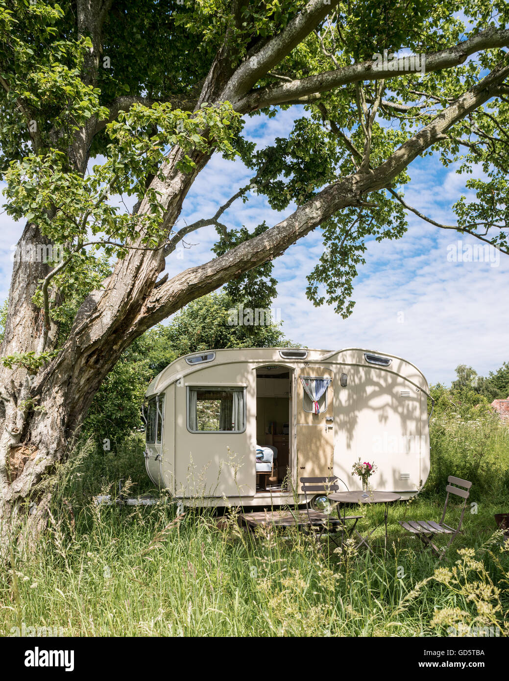 vintage caravan under the shade of an oak tree in english meadow Stock Photo