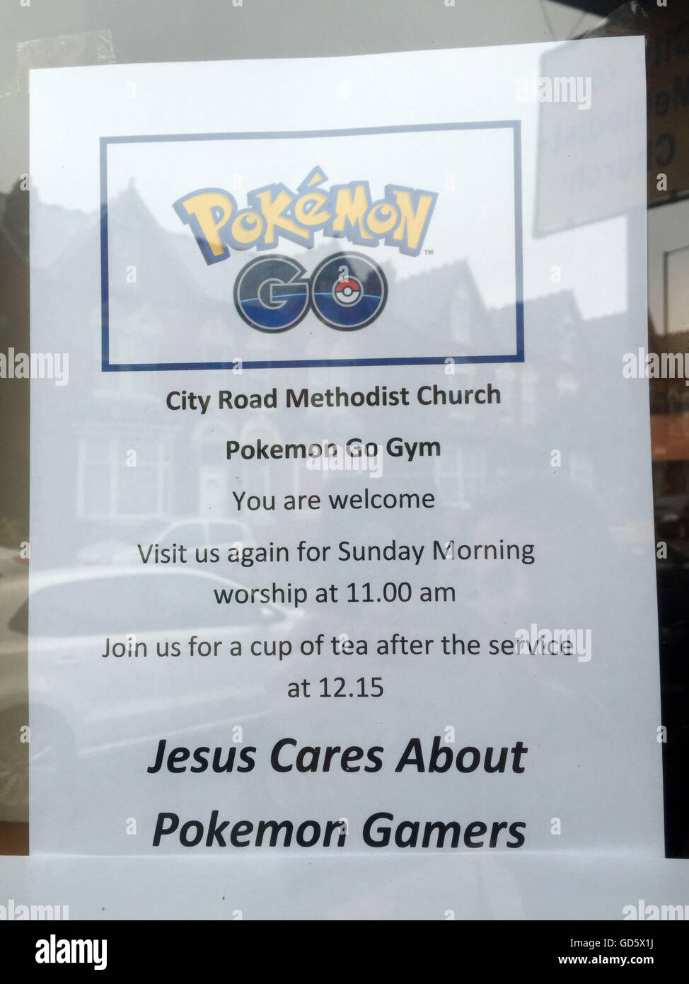 A welcome sign in the window of the City Road Methodist Church in  Birmingham, which is expecting a deluge of gamers after being featured in  the Pokemon Go mobile phone craze currently