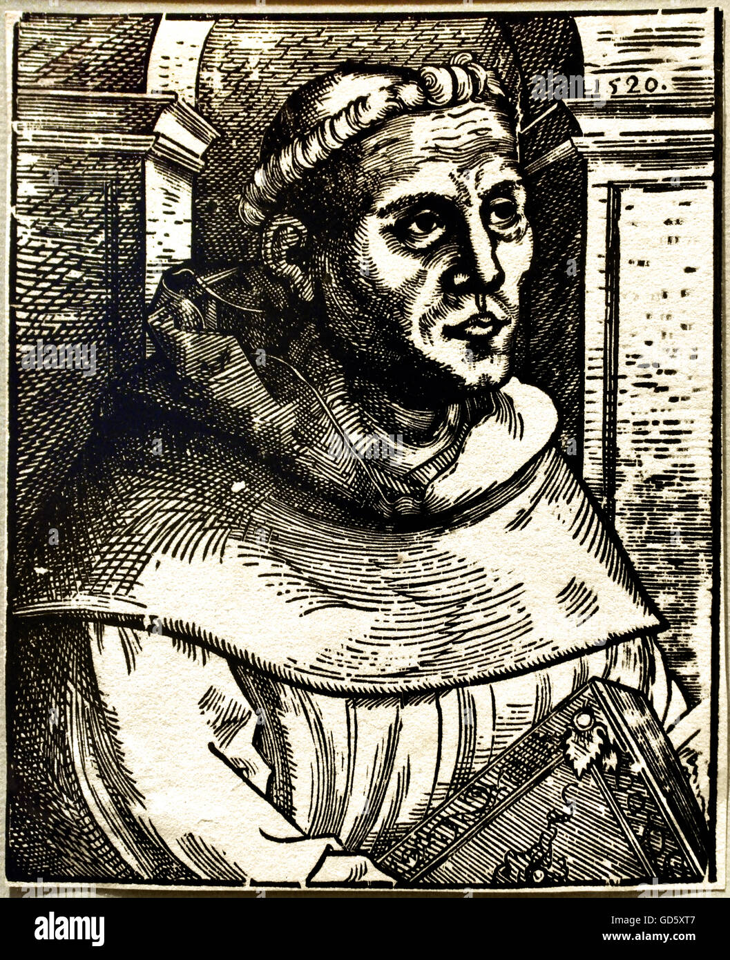 Martin Luther as an Augustinian monk Lucas Cranach the Elder 1472-1553 Wittenberg 1520 ( Martin Luther 1483 – 1546 Protestant ) Woodcut  Germany ( German professor of theology and a key figure in the Protestant Reformation ) Stock Photo