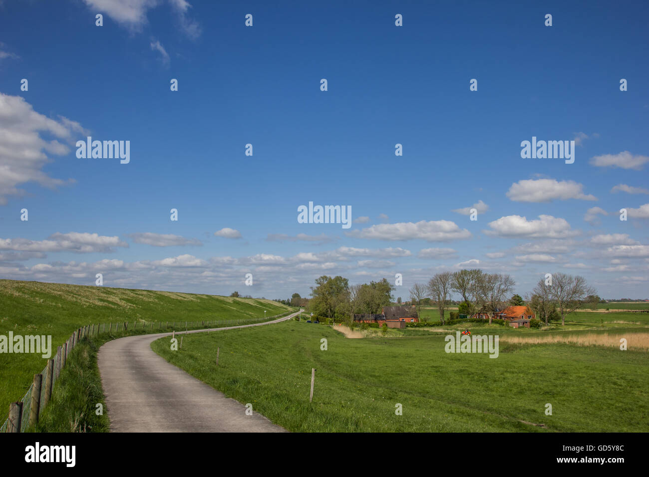 Bicycle path along the dollard route in Ostfriesland, Germany Stock Photo
