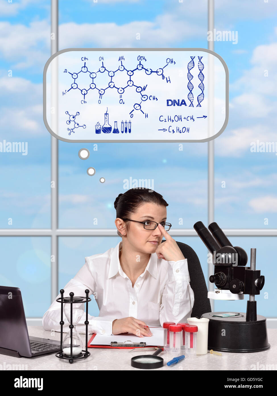 scientific researcher woman thinking about creating new medicament Stock Photo