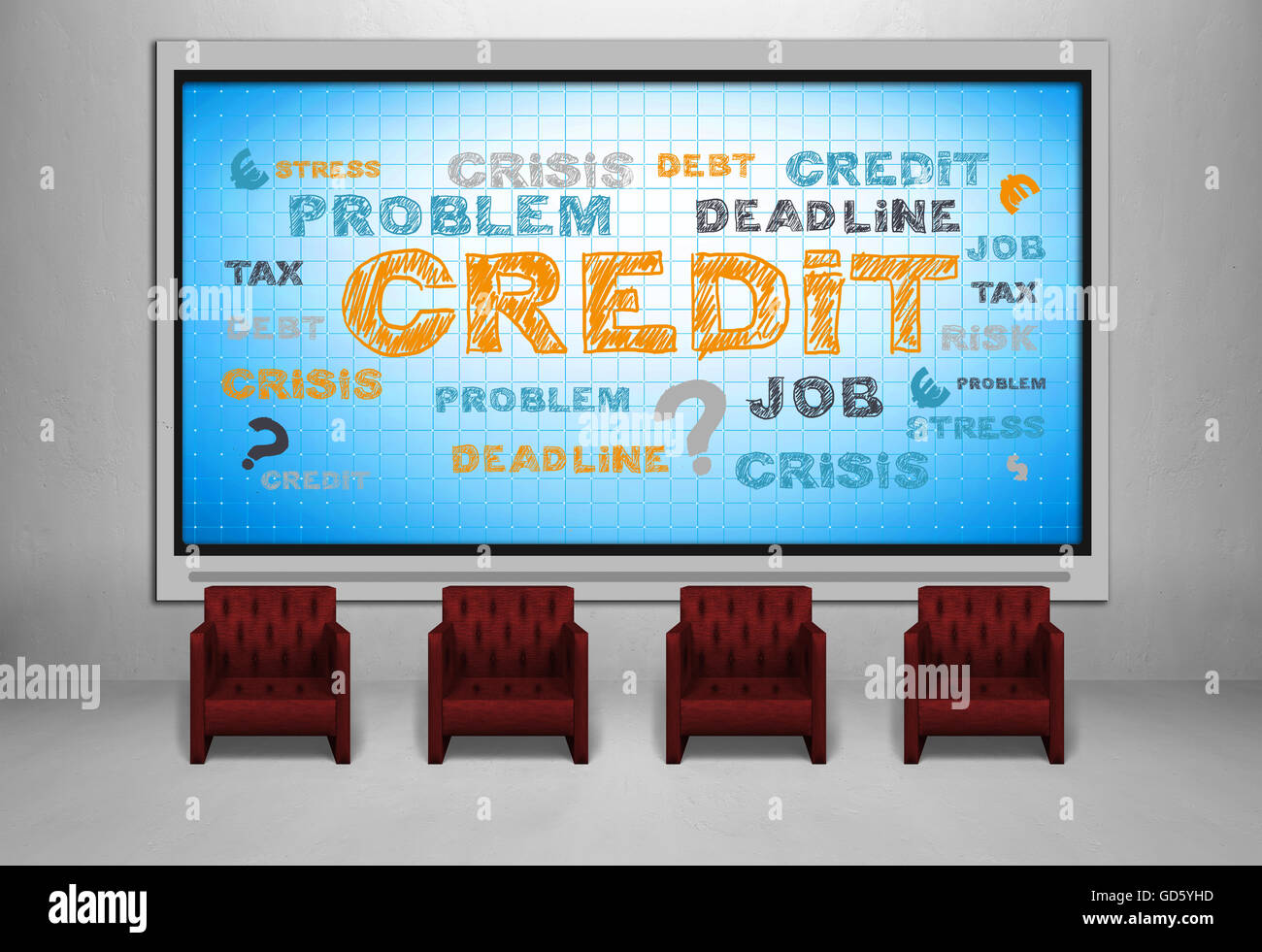 tv screen in loft room with credit concept, four red chair Stock Photo